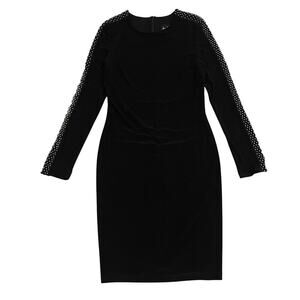 Joseph Ribkoff Black Dress LBD | Silver Beaded Mesh Sleeves, Y2K Glam, NWOT $390